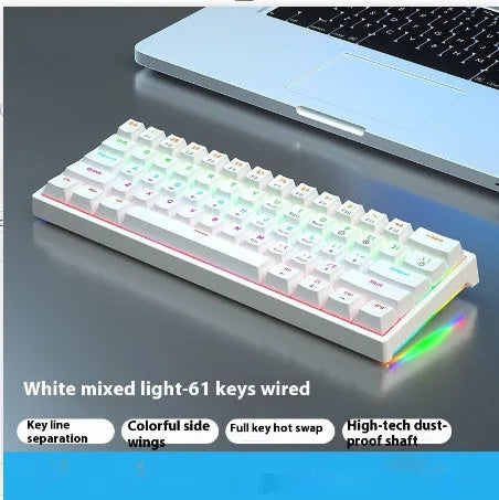 Bluish-black 61-key mechanical keyboard with wired USB cable on desktop