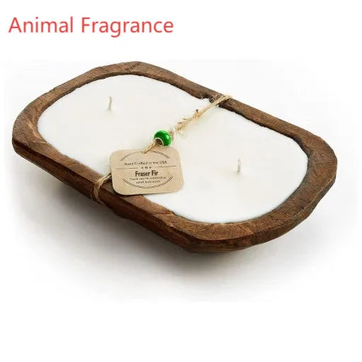 Retro-style wooden basin containing a Lavender soy wax aromatherapy candle with three visible wicks.