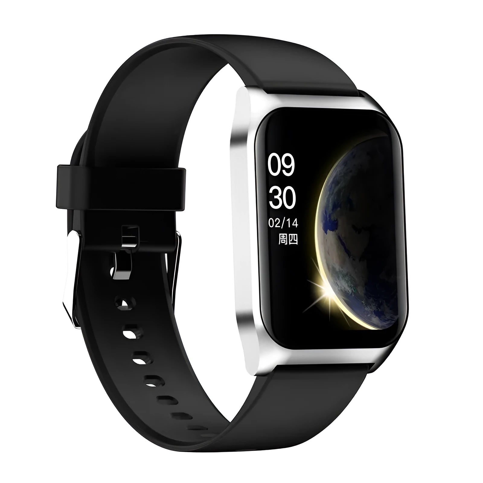 Black smart watch with 1.69-inch screen showing heart rate display on silicone wristband