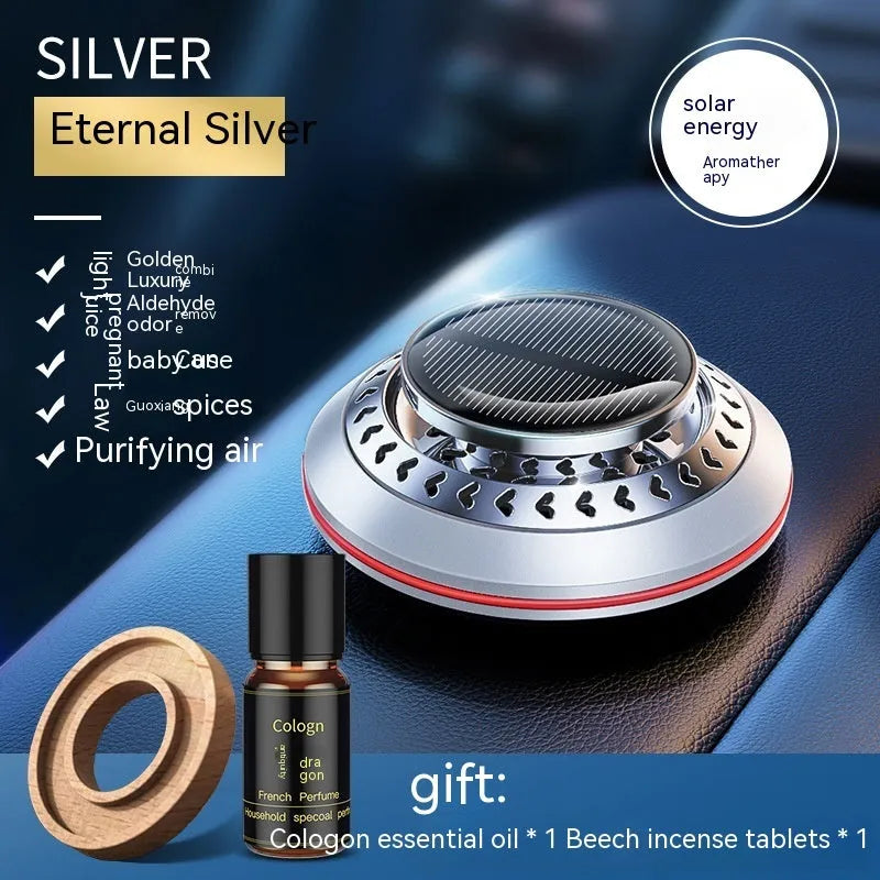 Solar-powered aluminium alloy car air freshener in black, red, or silver for odour removal.