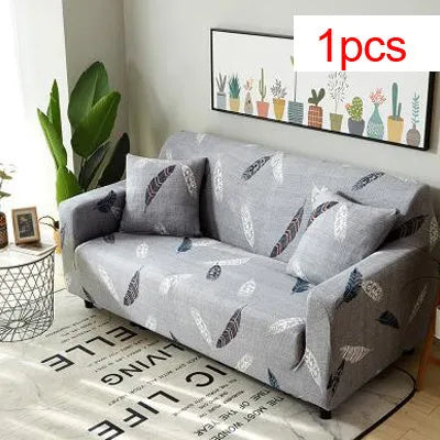 Geometric patterned stretch sofa slipcover fitted on a modern two-seater sofa.