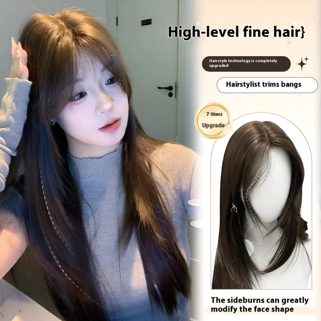 Cold brown layered long straight synthetic wig on a stand