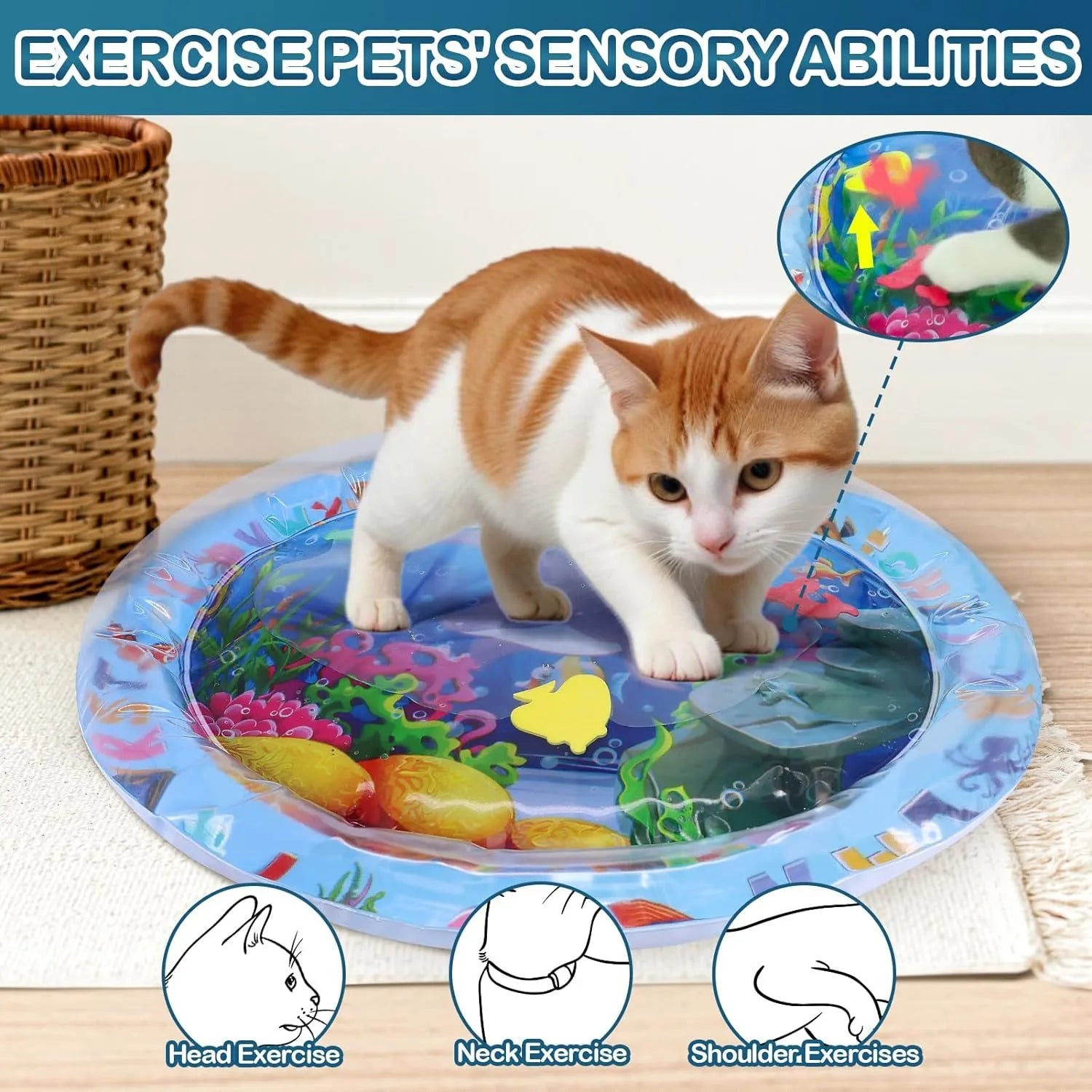 Square blue water sensory playmat for cats and dogs with floating fish toys inside, on a home floor.