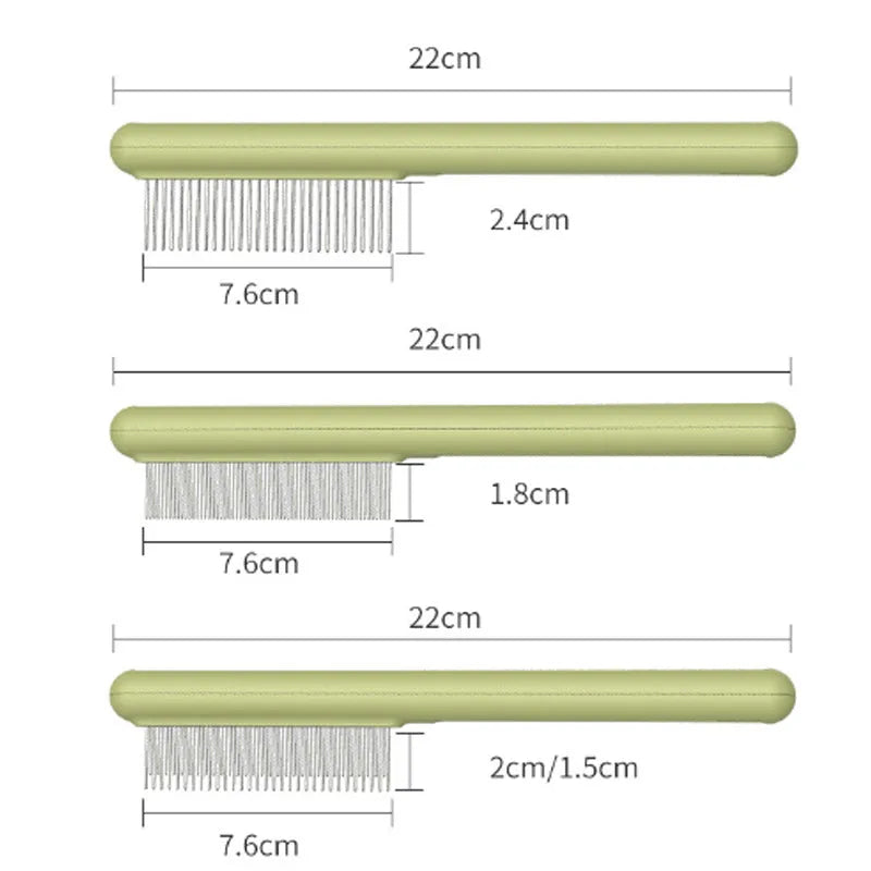 Cat comb with rounded stainless steel teeth and ergonomic handle on white background