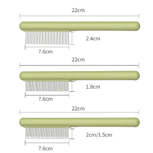 Cat comb with rounded stainless steel teeth and ergonomic handle on white background