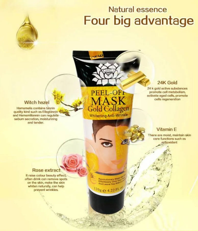 Gold Collagen Peel Off Mask 120g in jar with peel-off texture visible, unisex anti-aging mud mask
