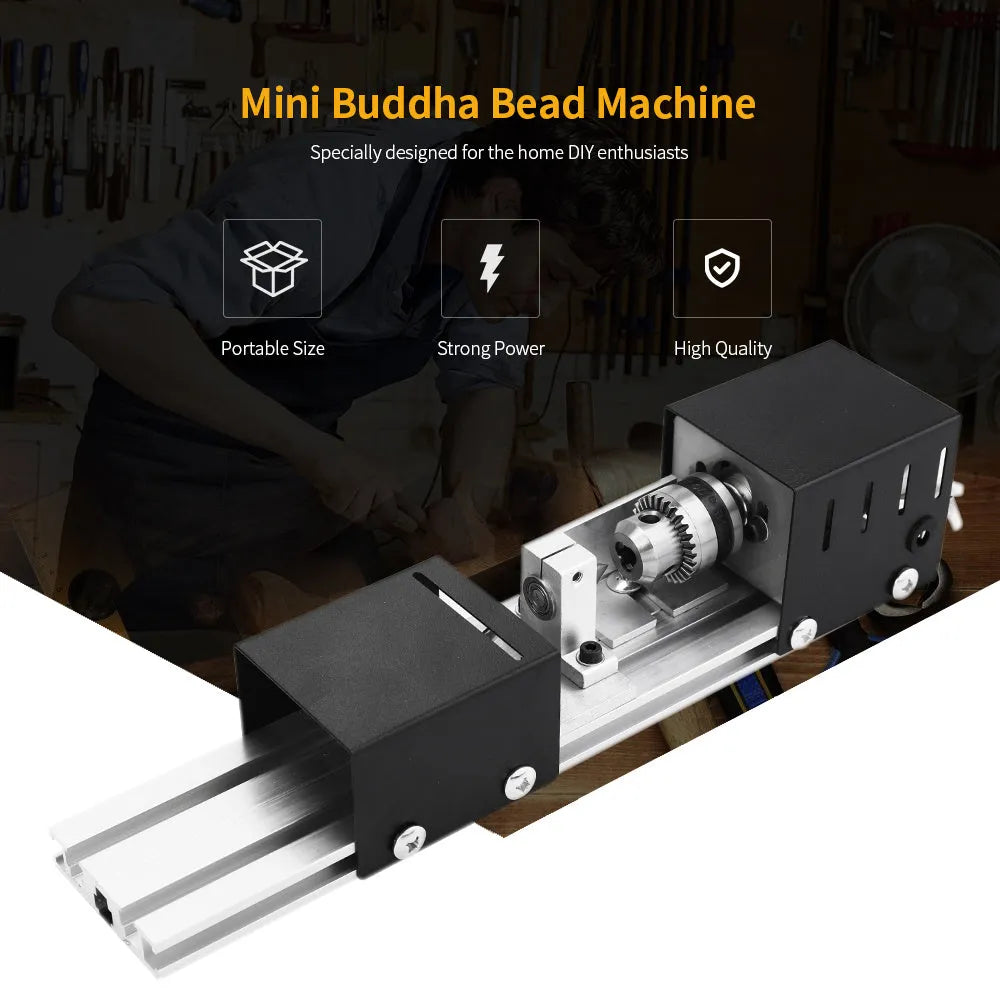 Mini silver metal manual woodworking lathe with carving knives on a workbench.