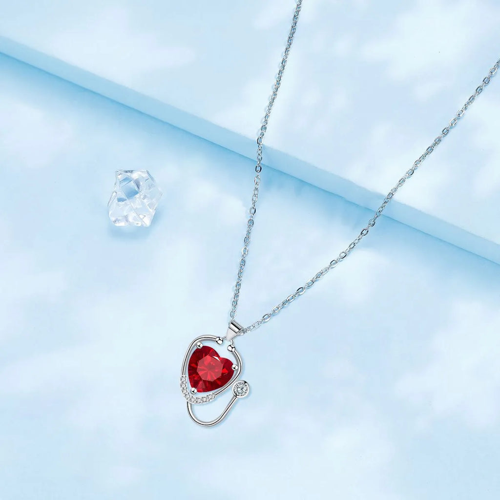 Red diamond women's stethoscope necklace with wings cross pendant on electroplated copper chain