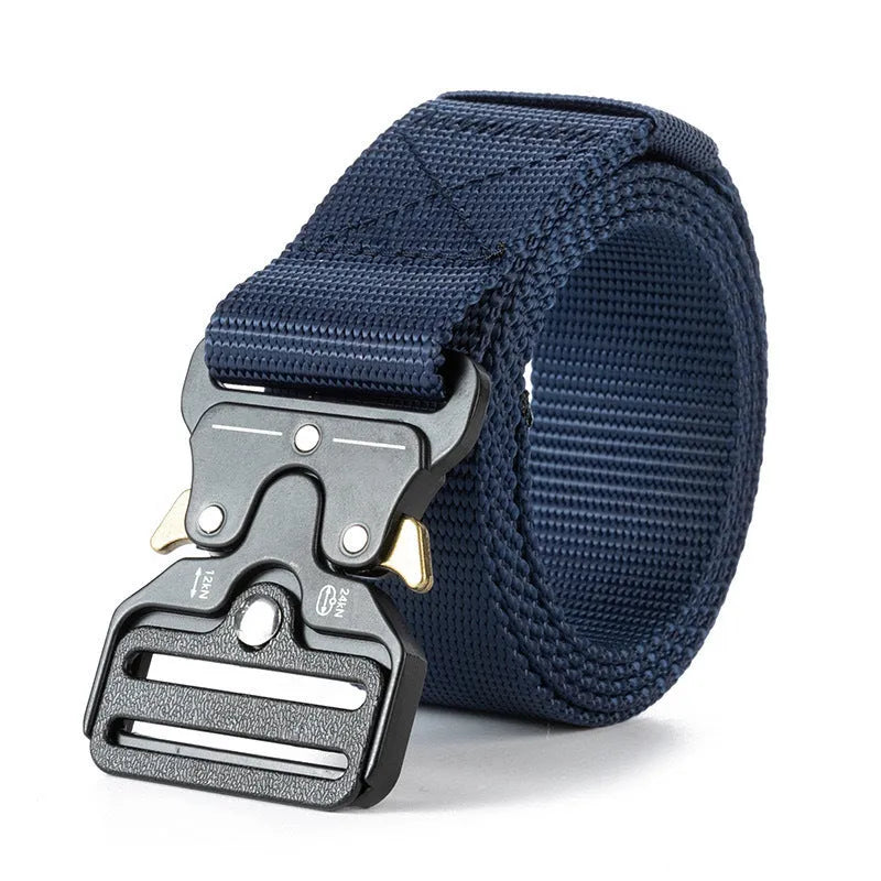 Men's canvas tactical belt with alloy release buckle showing weaving flowers texture treatment