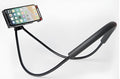 Universal white plastic phone neck holder with shock foam, showing 360-degree rotation and phone clamp.