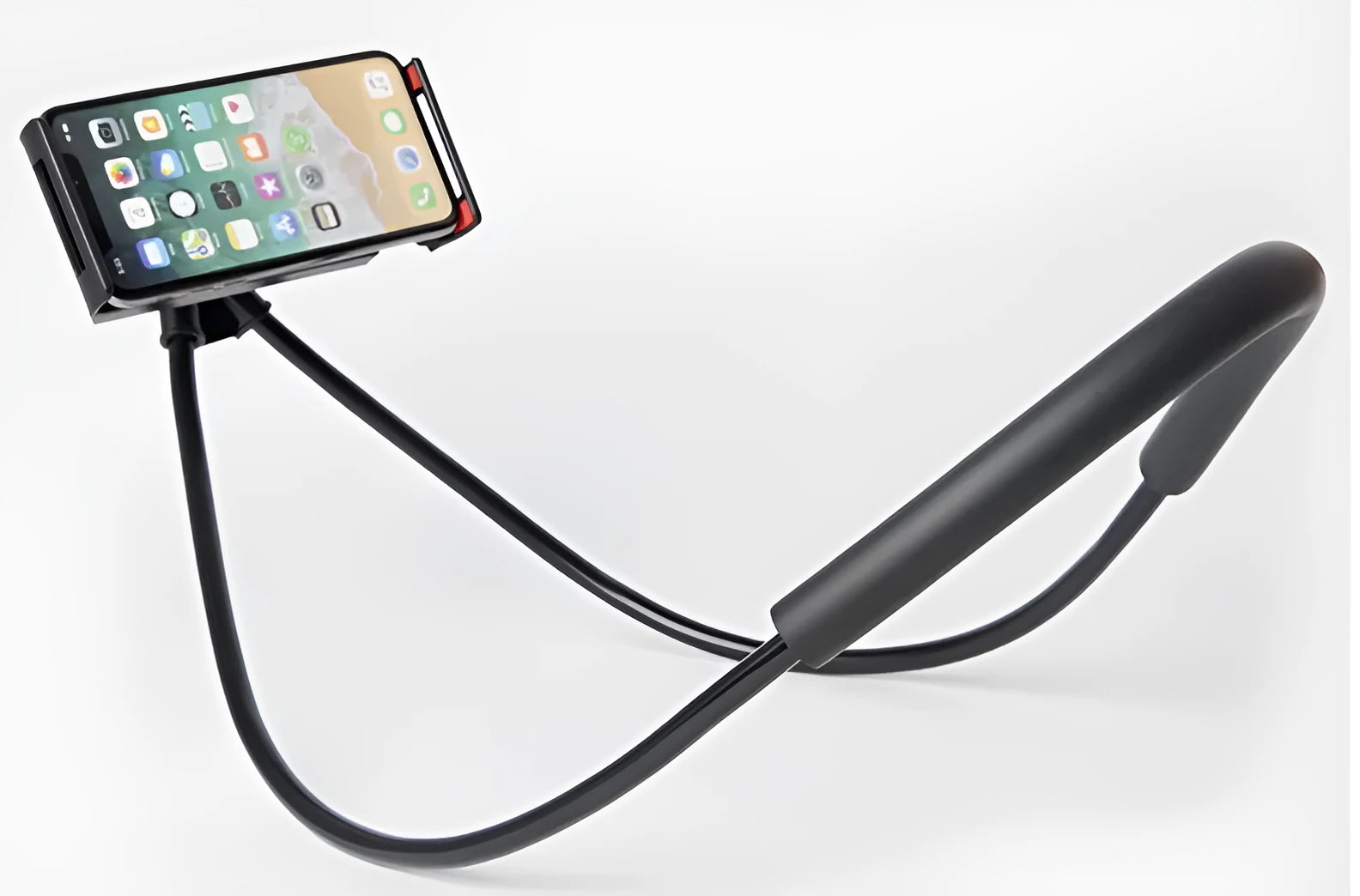 Universal white plastic phone neck holder with shock foam, showing 360-degree rotation and phone clamp.