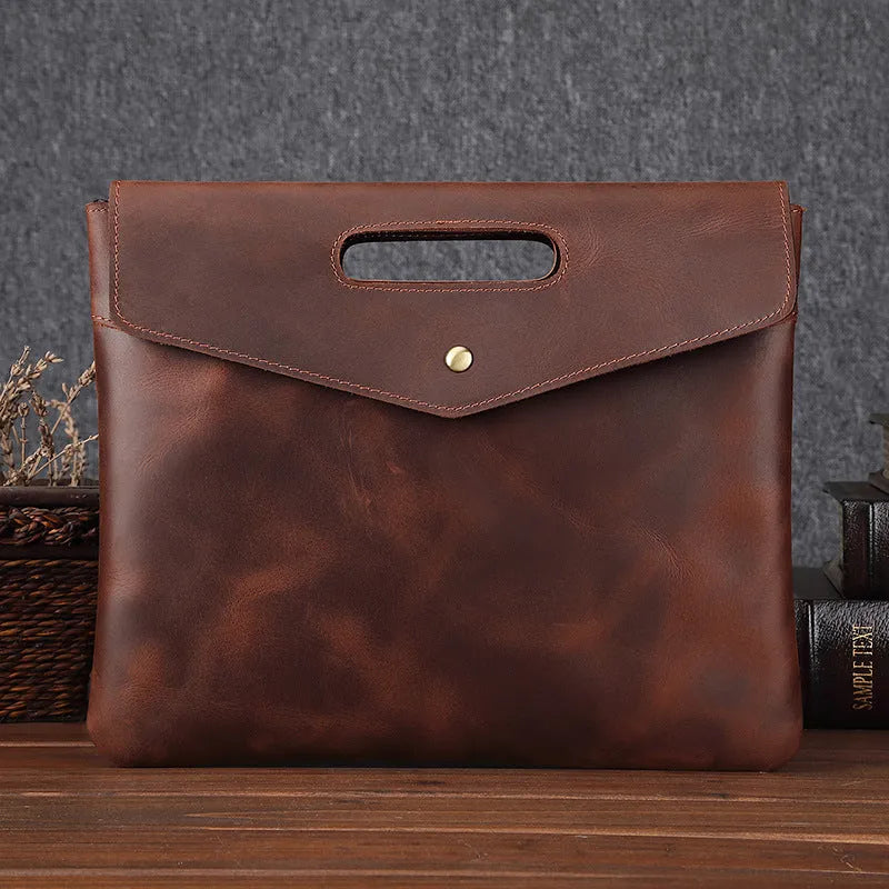 Genuine leather men's vintage business briefcase in brown envelope shape with wrapped closure