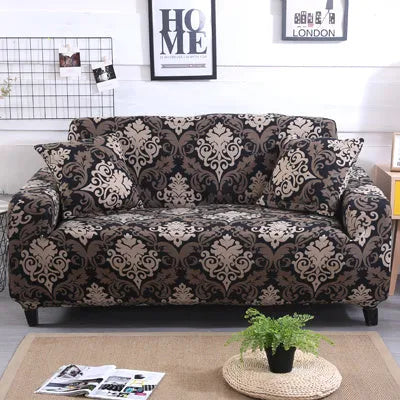 Geometric patterned stretch sofa slipcover fitted on a modern two-seater sofa.