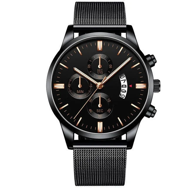 Men's stainless steel mesh band quartz watch with analog display in multiple colour options