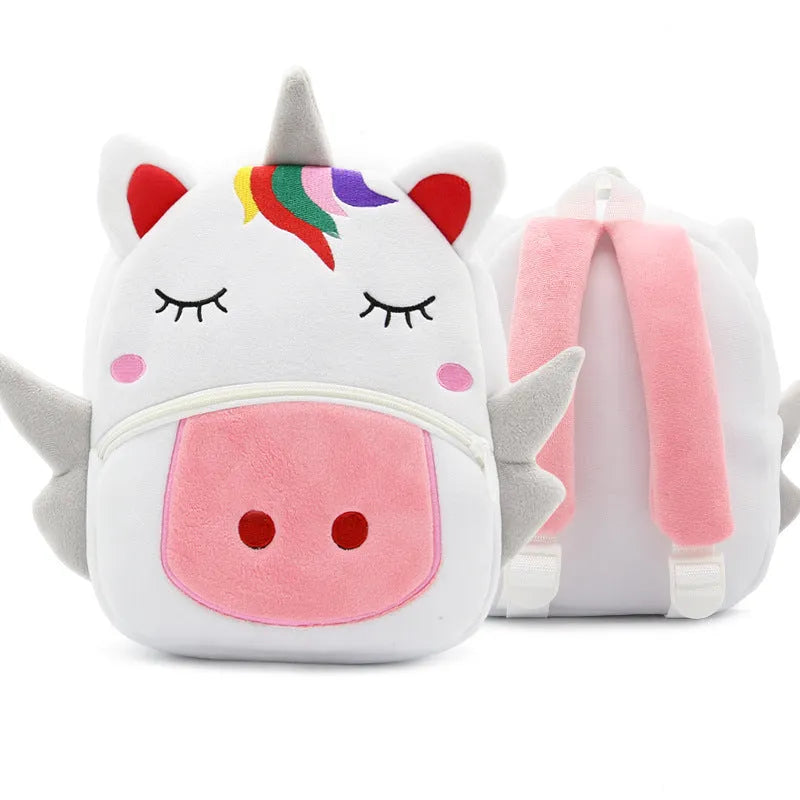 Children's plush animal backpack in various designs including elephant, bee, flamingo and unicorn styles