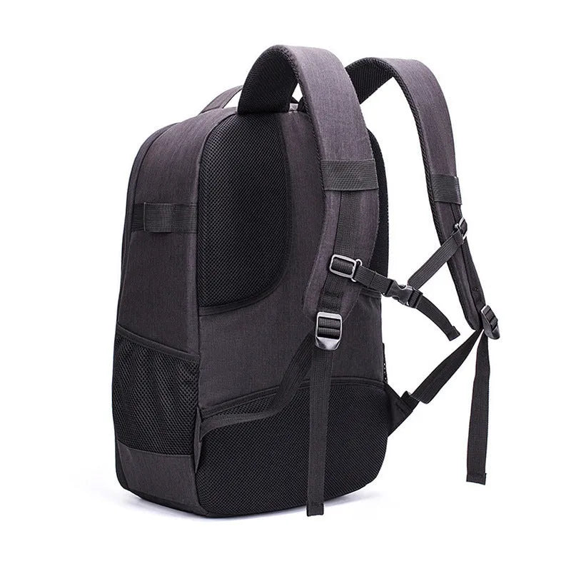 Black waterproof drone backpack with multiple compartments for camera and computer equipment