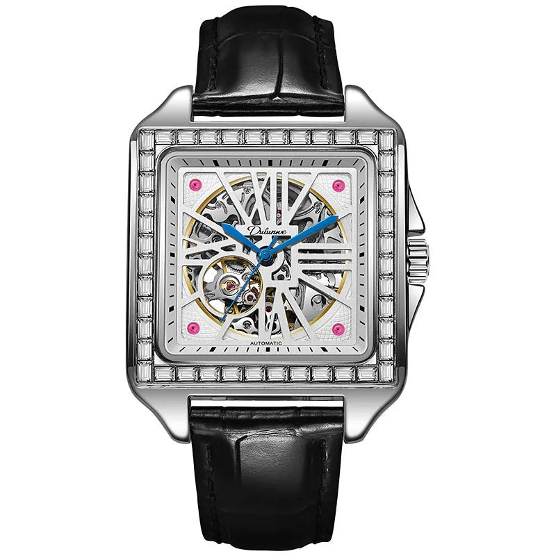 Men's square automatic watch with diamond-studded design on stainless steel case with leather strap
