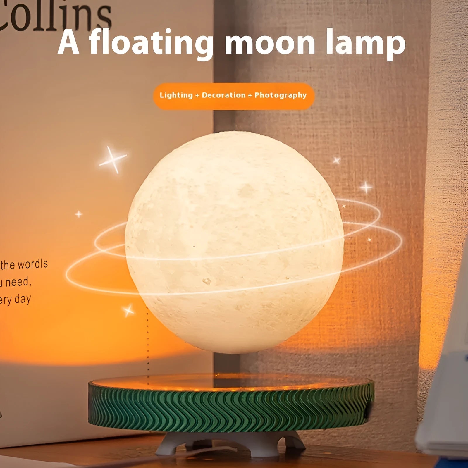 Magnetic suspension decorative lamp with 3D printed moon design floating above base