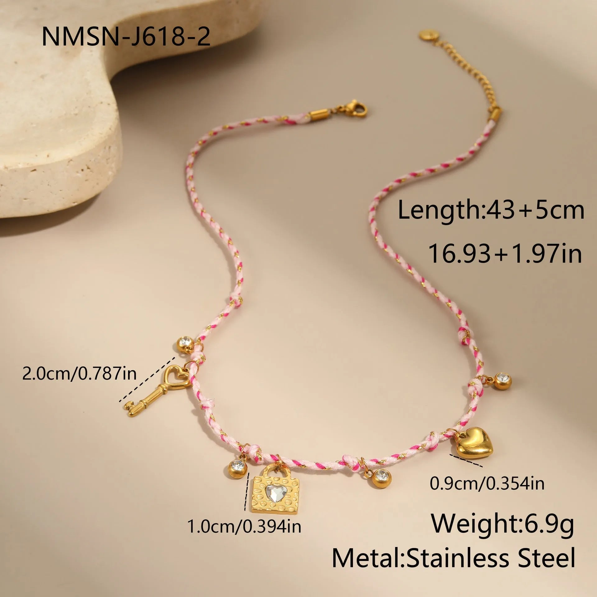 Handmade braided rope titanium steel necklace and bracelet set with 18K gold electroplated heart, star, and geometric pendants.