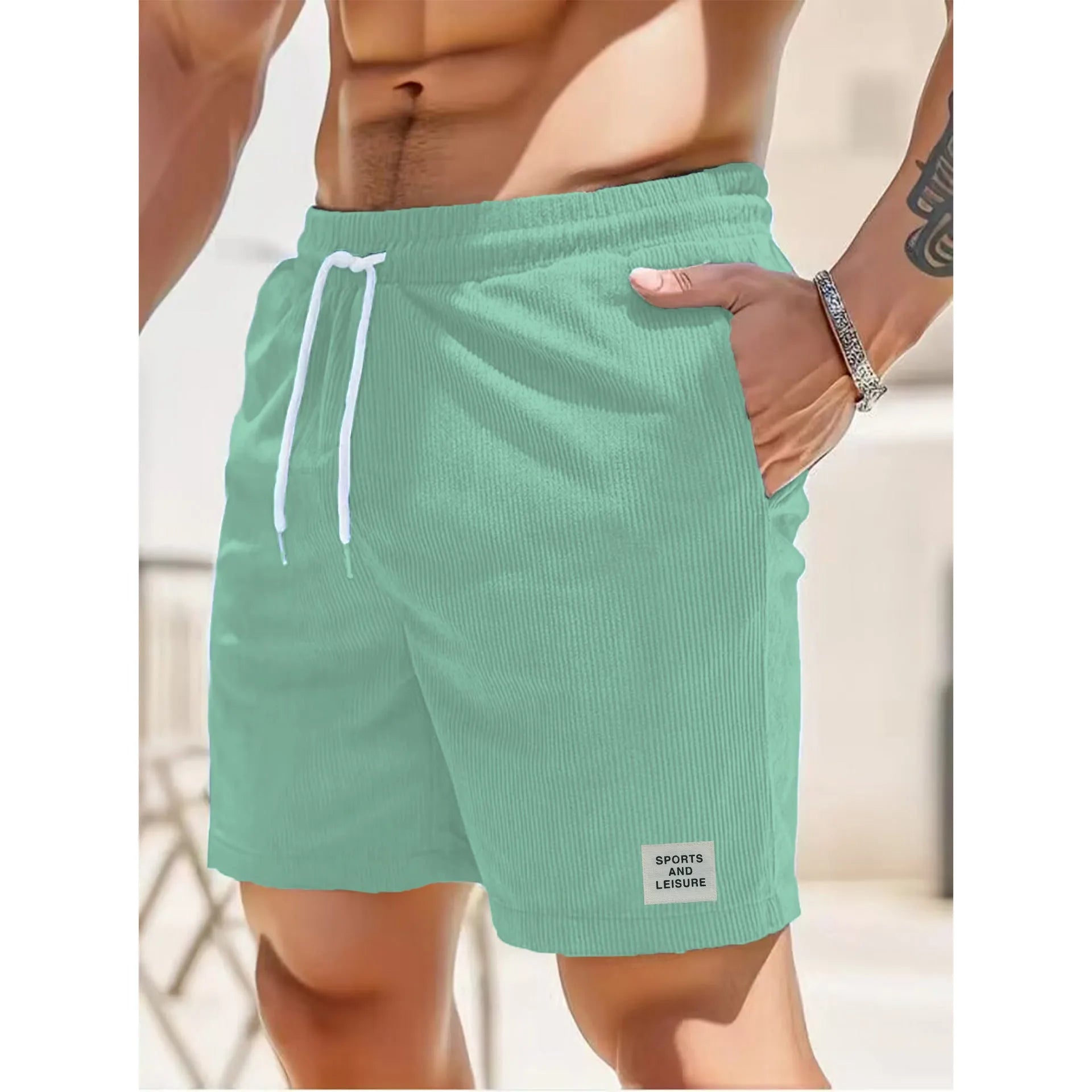 Summer pure colour tie-waist corduroy sports running pants for men and women in breathable polyester fibre