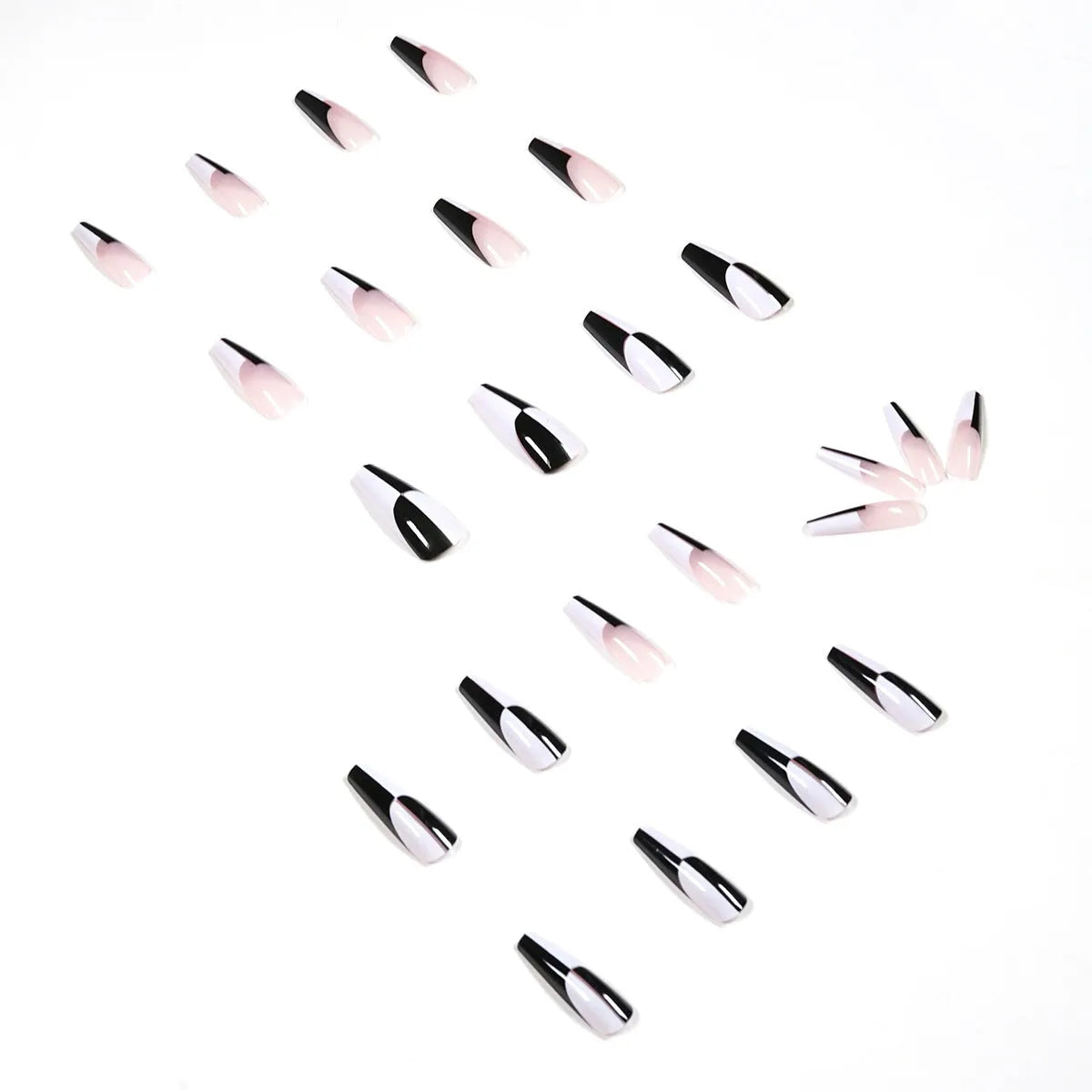 24 long removable nail tips in simple black and white colour matching design JP1199 on a white background