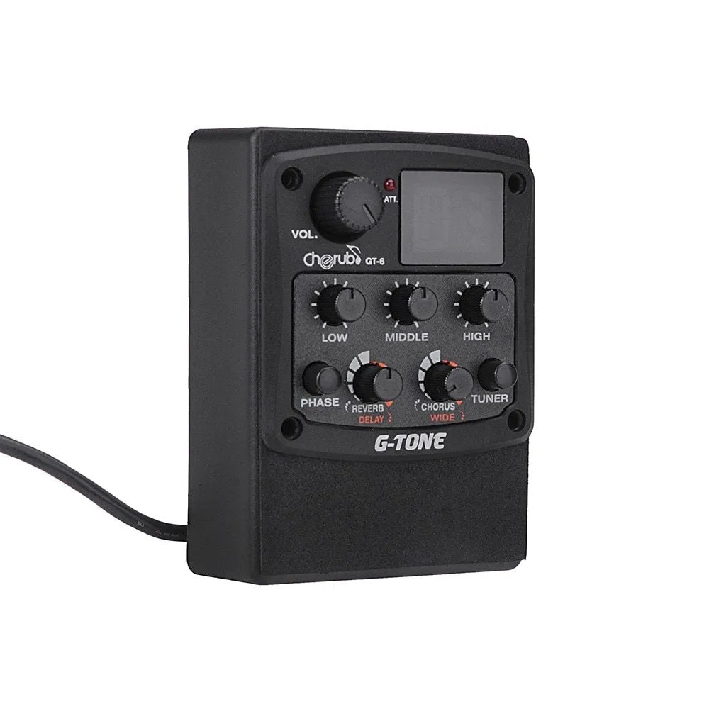 Cherub GT-6 black acoustic guitar pickup preamp with EQ knobs and effects controls.