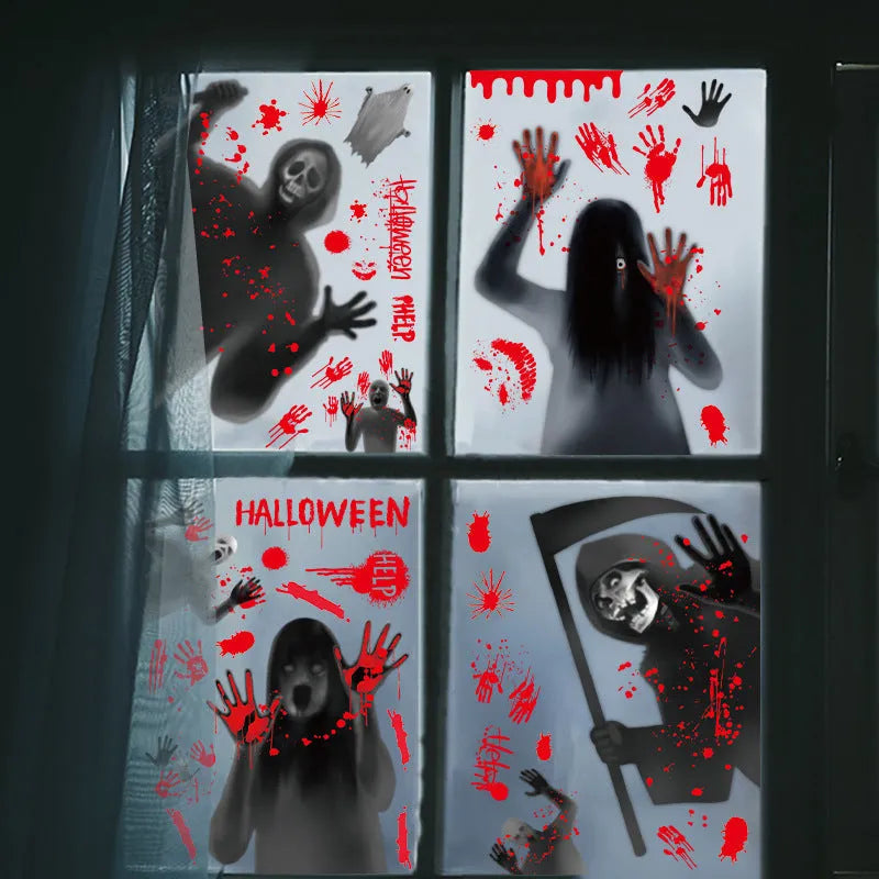 American-style PVC Halloween electrostatic window sticker set with female ghost skull design in 6 colour combinations
