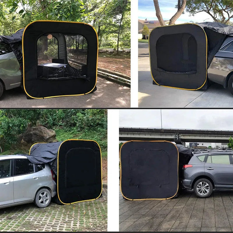 Black pop-up car tail tent unfolded to 200cm size with storage bag