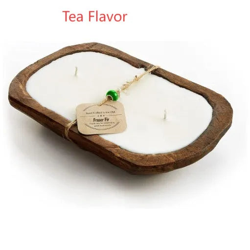 Retro-style wooden basin containing a Lavender soy wax aromatherapy candle with three visible wicks.
