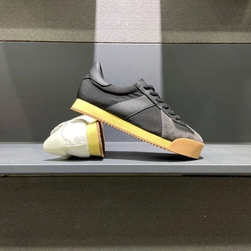 Summer men's ultra-light cow suede mesh breathable sports shoes with raised bottom and mid heel in grey side view