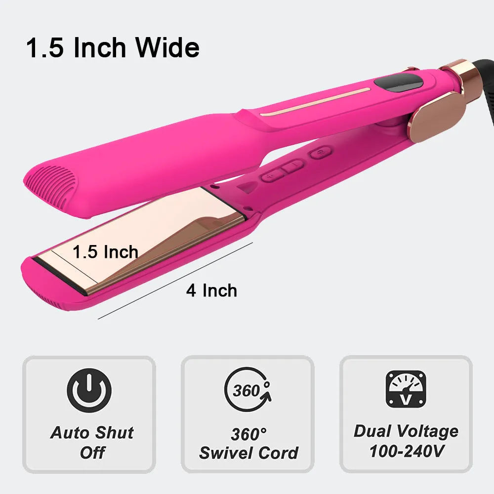 Rose red infrared salon hair straightener and curler with 1.5-inch barrel and negative ion feature on a white background