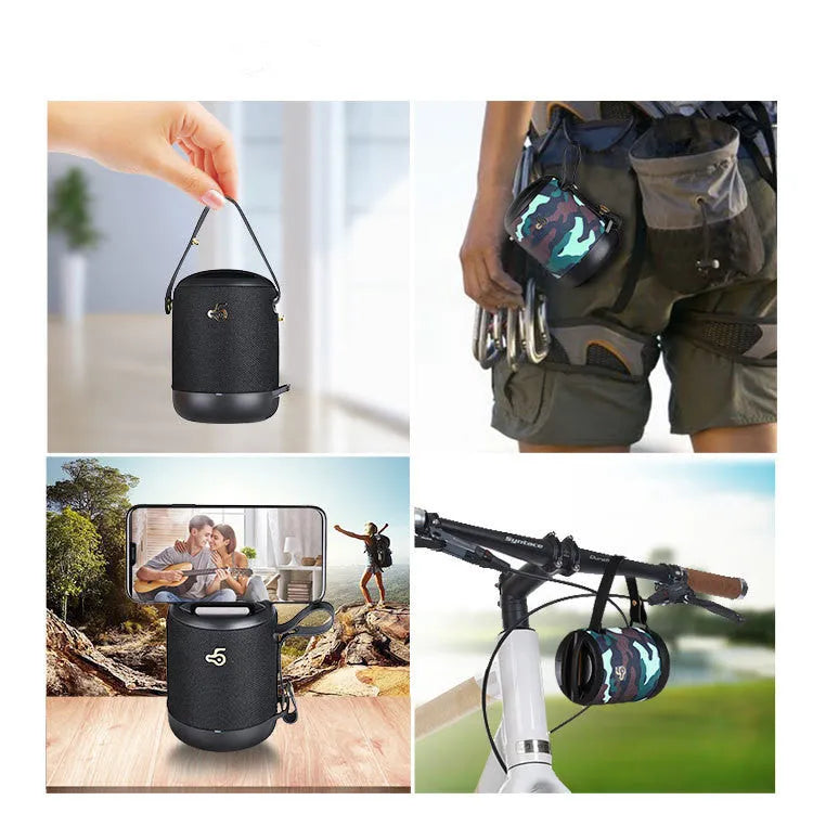 Small waterproof portable Bluetooth speaker in black, blue, camouflage, grey, or red with TF card slot and buttons