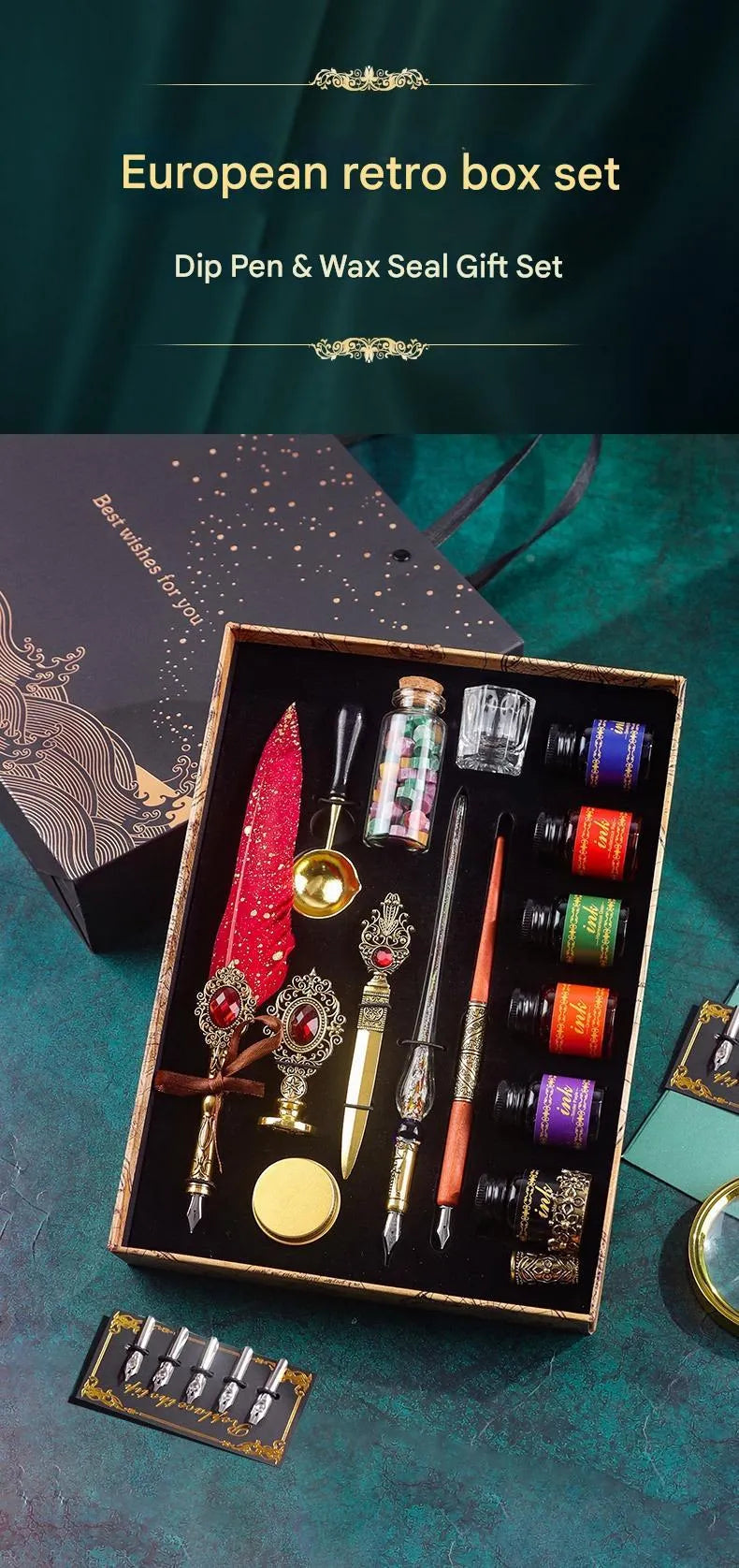 Gray mechanical feather fountain pen set with metal alloy body and decorative feather