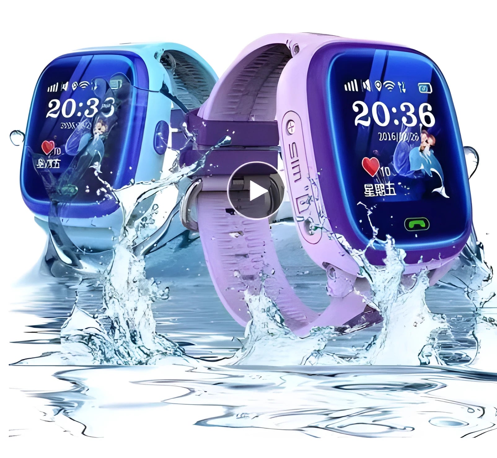 Blue DF25 children's waterproof smartwatch with touchscreen display and silicone strap on a wrist.