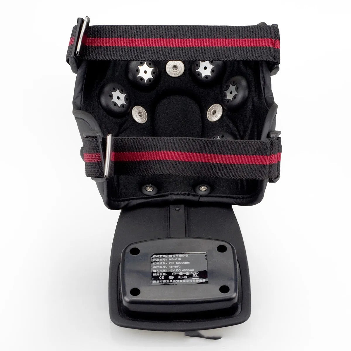 Portable infrared knee and shoulder massager unit with adjustable temperature control and pads.