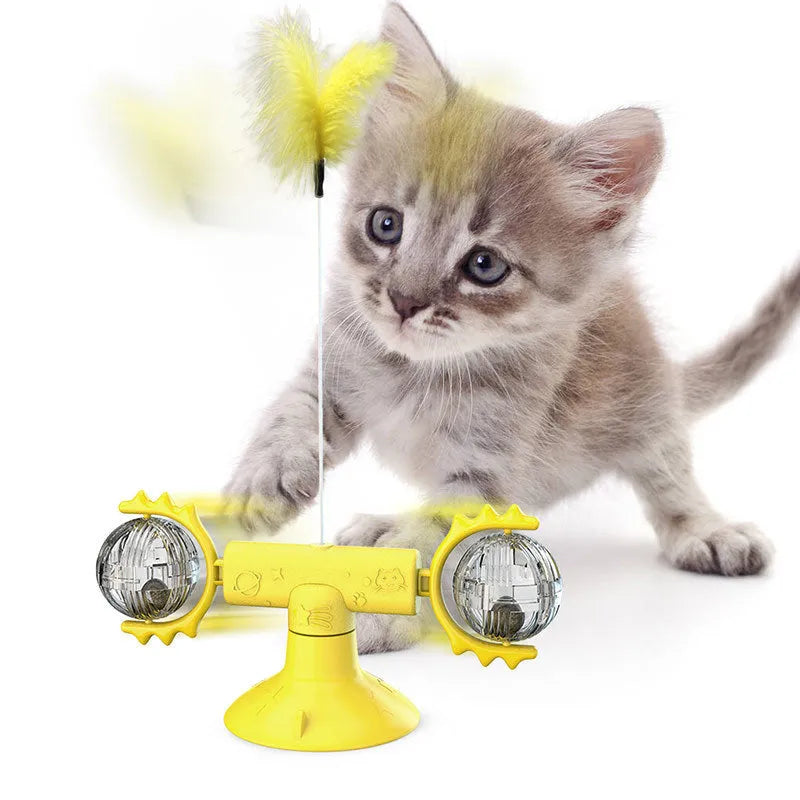 Cat rotating windmill toy with suction base and two transparent bins on blades