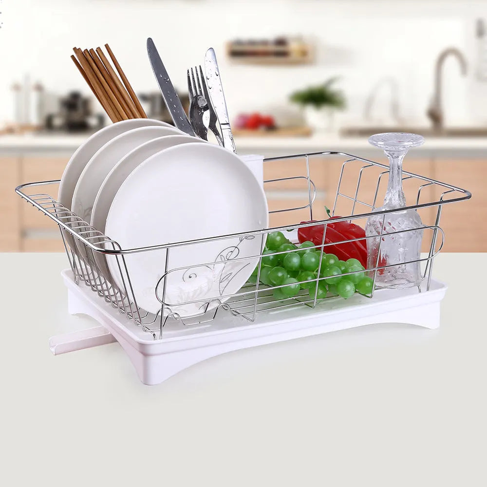 Stainless steel dish drying rack with cutlery holder and drain board on kitchen counter, black and white option, 42x28x15.5cm