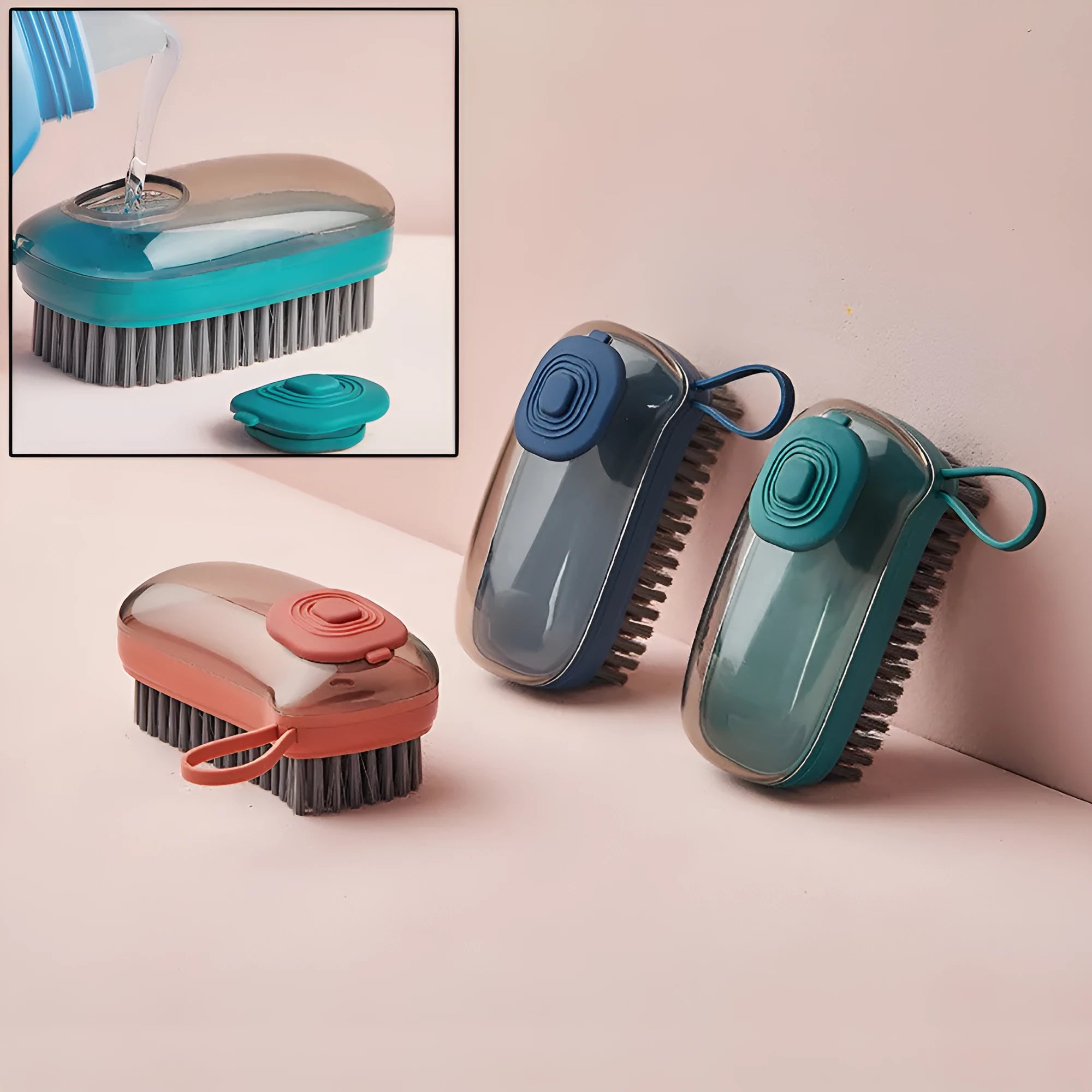 Automatic liquid cleaning brush with ergonomic ABS handle and replaceable brush head for household cleaning