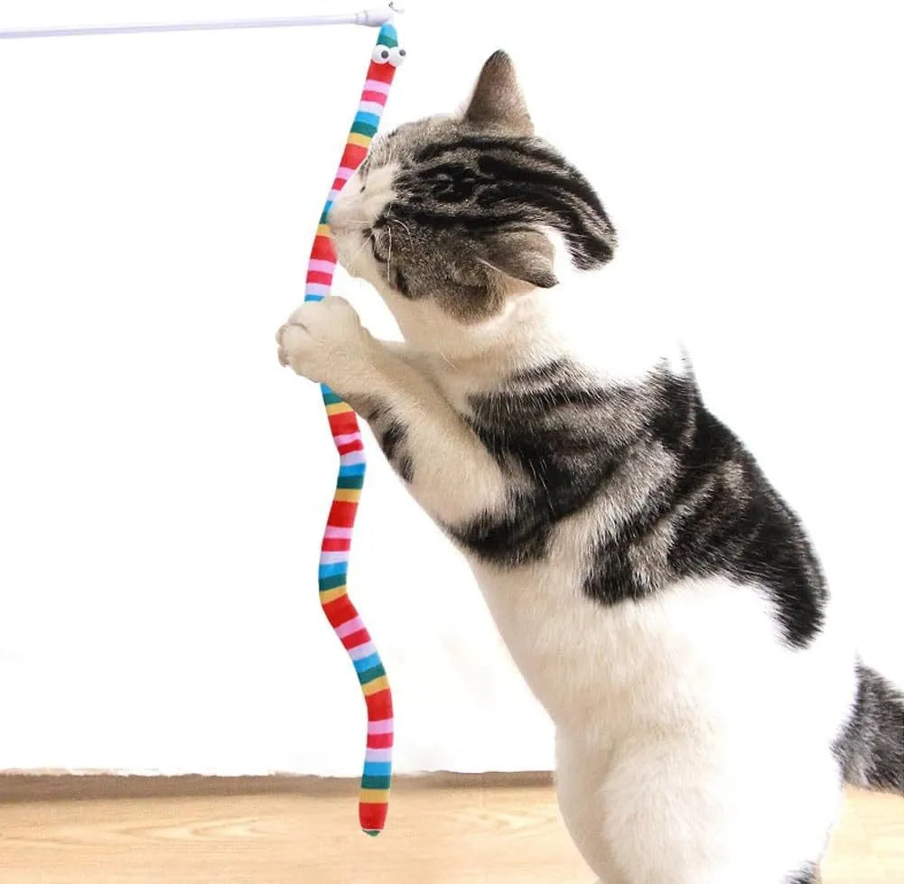 Cat wand toy with polycarbonate handle and long plush strip in vivid colours
