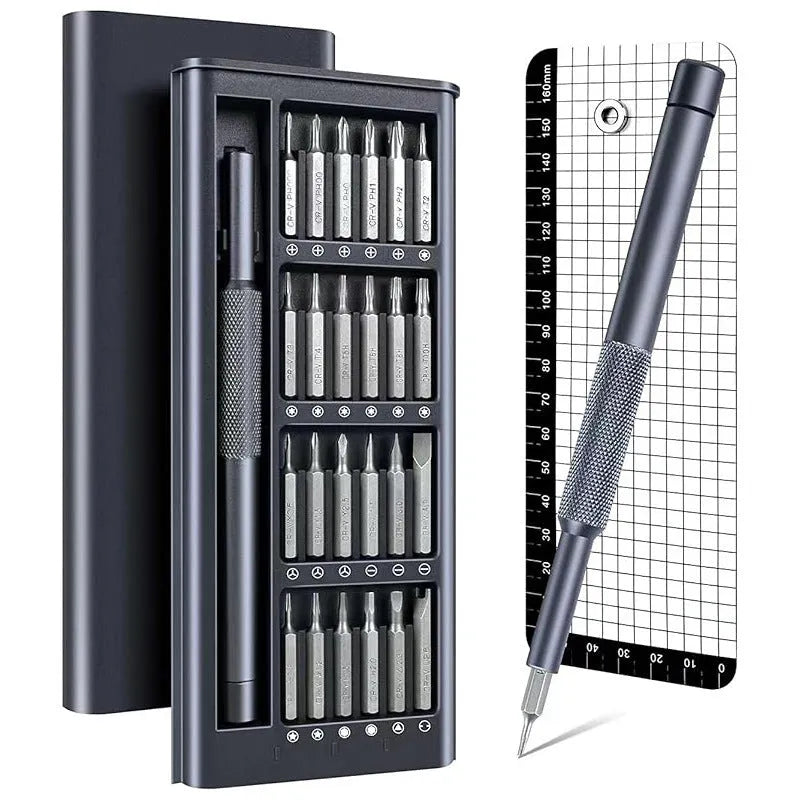25-in-one magnetic precision screwdriver set with knurled black handle and chrome vanadium steel bits