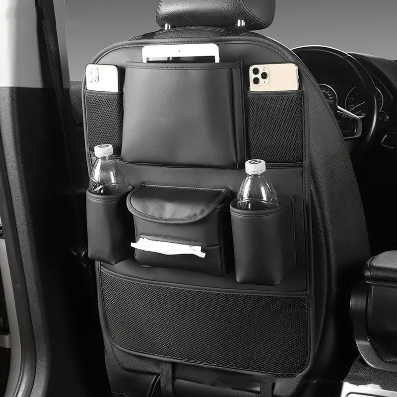 Leather car seat back storage bag in black, brown, green or grey colour hanging behind vehicle seat
