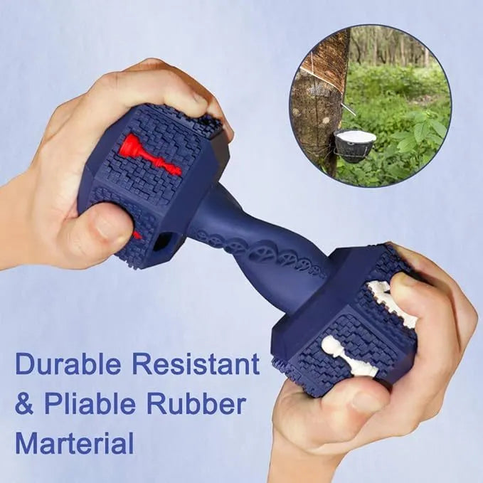 A black and blue durable rubber dumbbell-shaped dog chew toy on a white background.