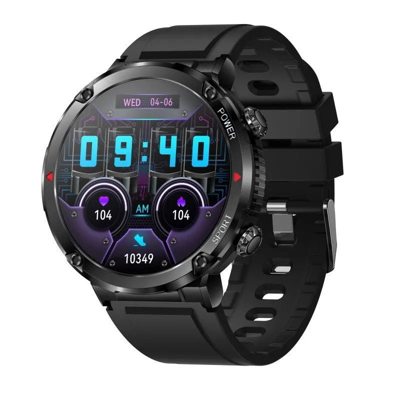 T30 smartwatch on wrist showing display, with Bluetooth calling and health monitoring features.