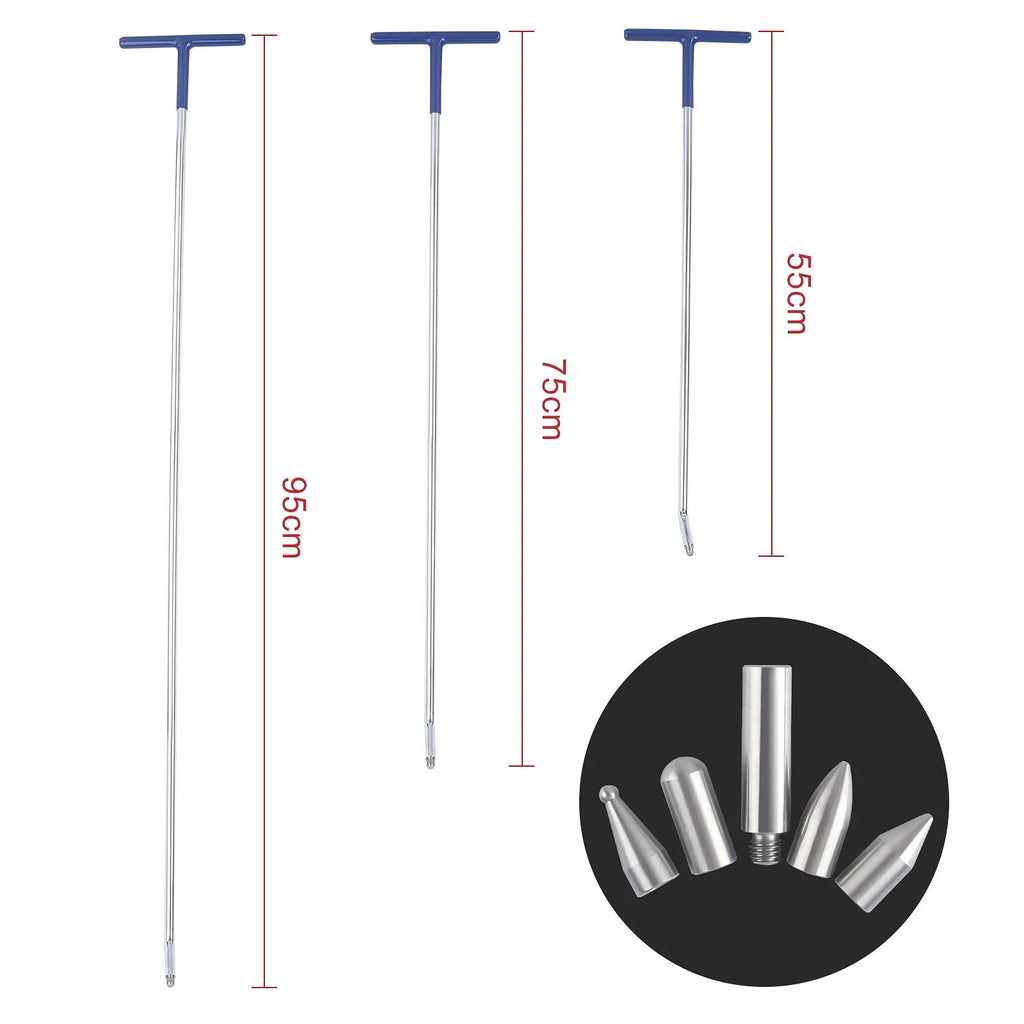 Three alloy steel hook crowbar tools for car dent repair on a workbench.