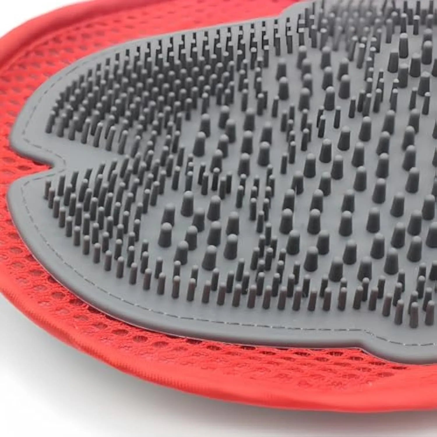 Red pet bathing glove with integrated brush for hair removal during pet washing