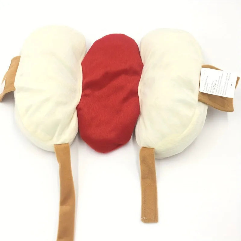 Small dog wearing a stuffed brown and beige hot dog costume with bun.