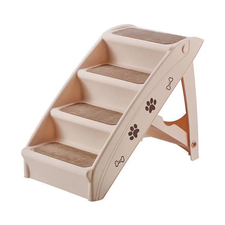 Foldable plastic pet stairs in beige colour with non-slip mat for small dogs and cats