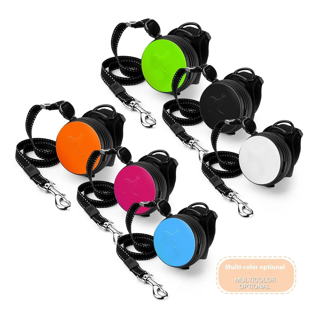 Automatic retractable dog leash extended to 3 metres, shown in vibrant orange colour with ergonomic handle.