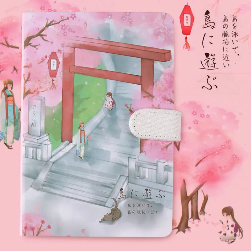 Retro style A5 wire-bound notebook with full colour illustration of a girl walking under a street lamp