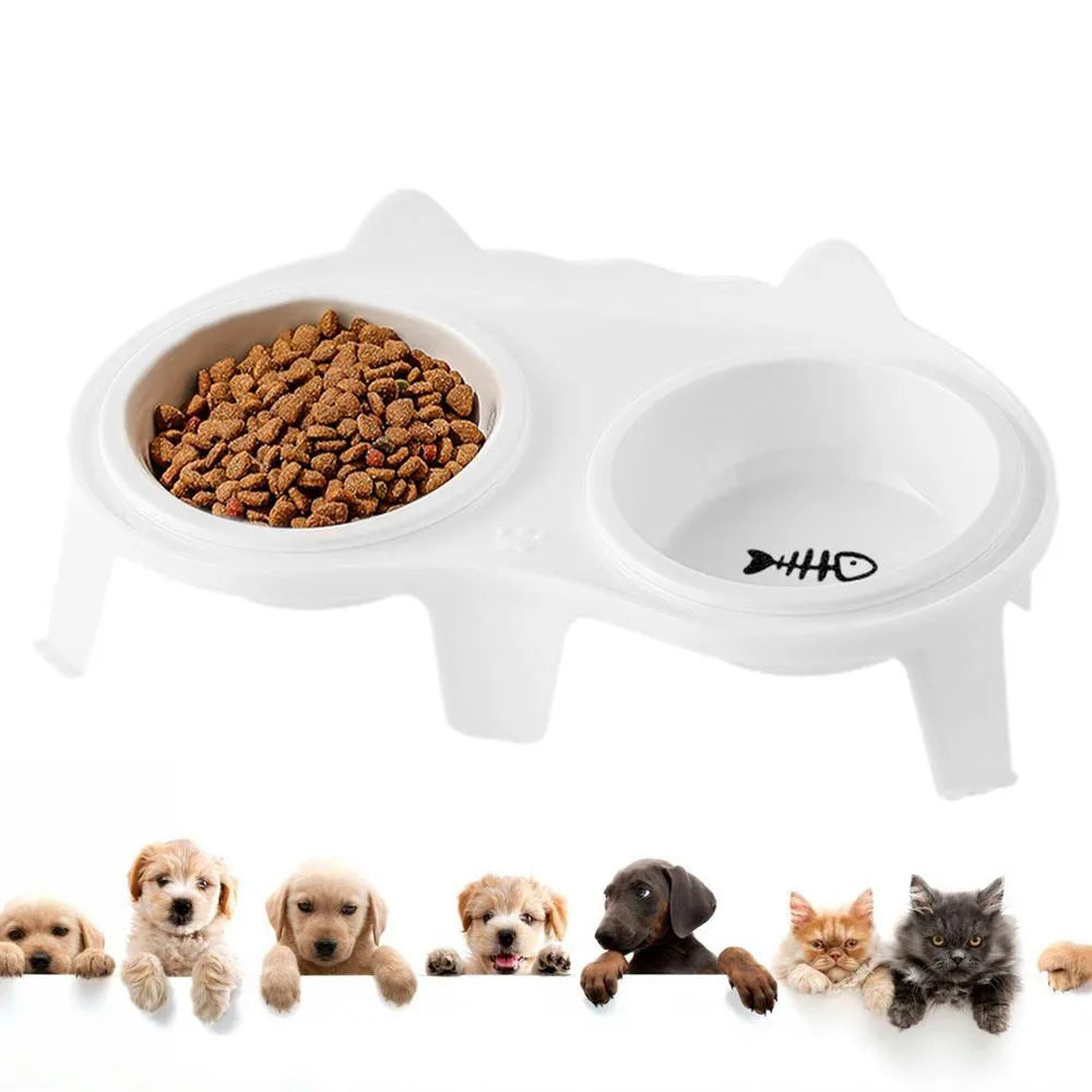 Ceramic cat food and water bowl set on a white tilted ABS stand, shown in blue colour